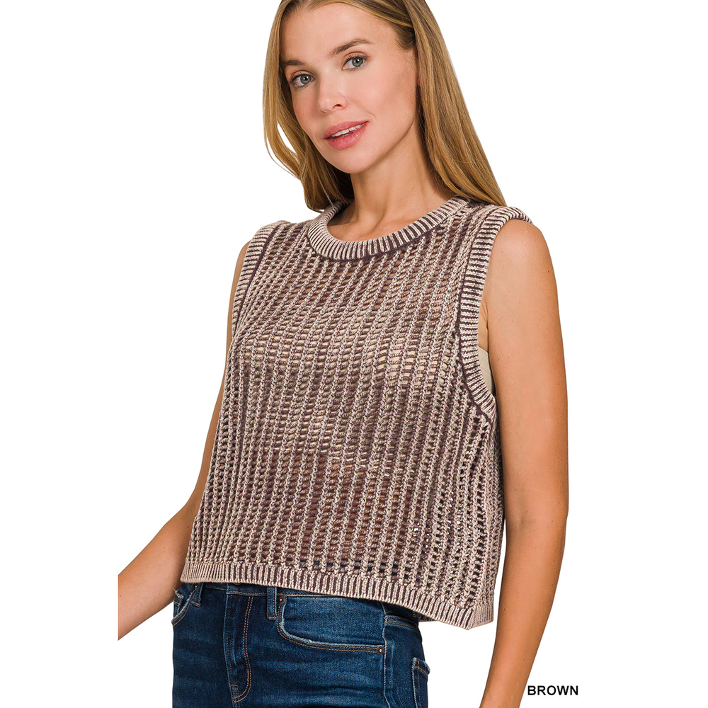 Z4 BROWN Zenana Acid Washed Fishnet Sweater Vest Various Sizes